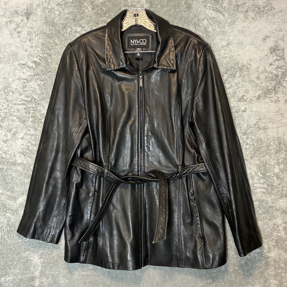 Vtg NY&CO Womens Belted Full Zip Leather Jacket XL Matrix 90s Sleek Transitional